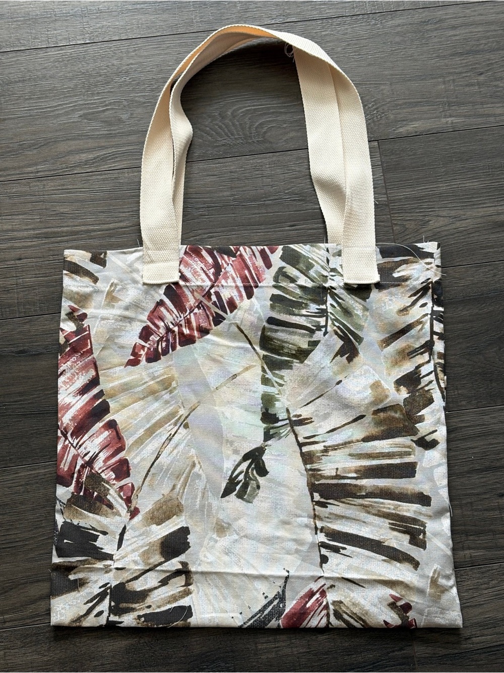 Canvas Tote Bag with Leaf Print - Cream, Green & Brown